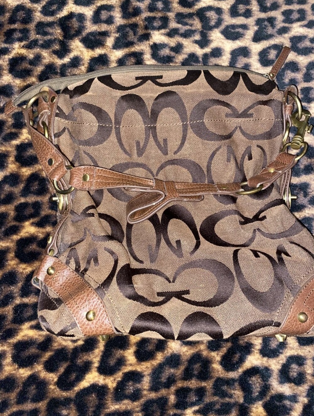 Coach Brown Signature Canvas Shoulder Hobo with Leather Trim